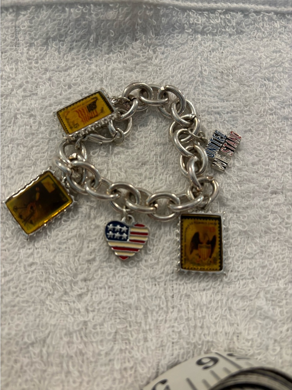 vintage United States Postal Service commemorative stamp charm bracelet 7”